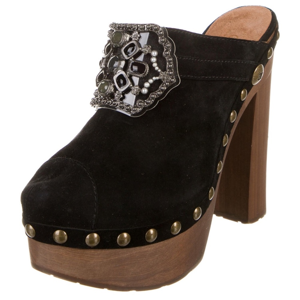 CHANEL 10P Runway Black Suede Gripoix Clogs